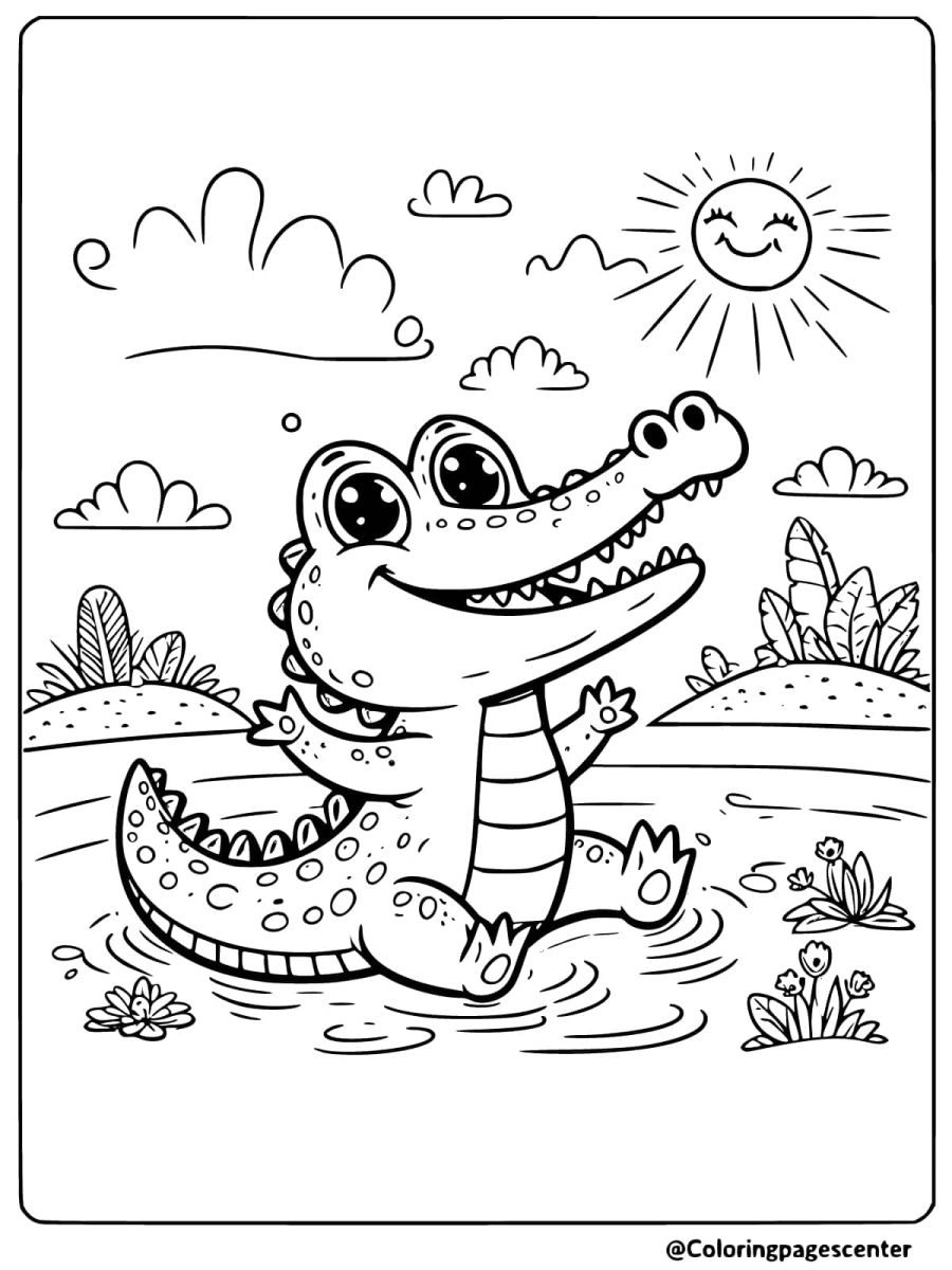 Cheerful crocodile enjoying sunlight coloring page