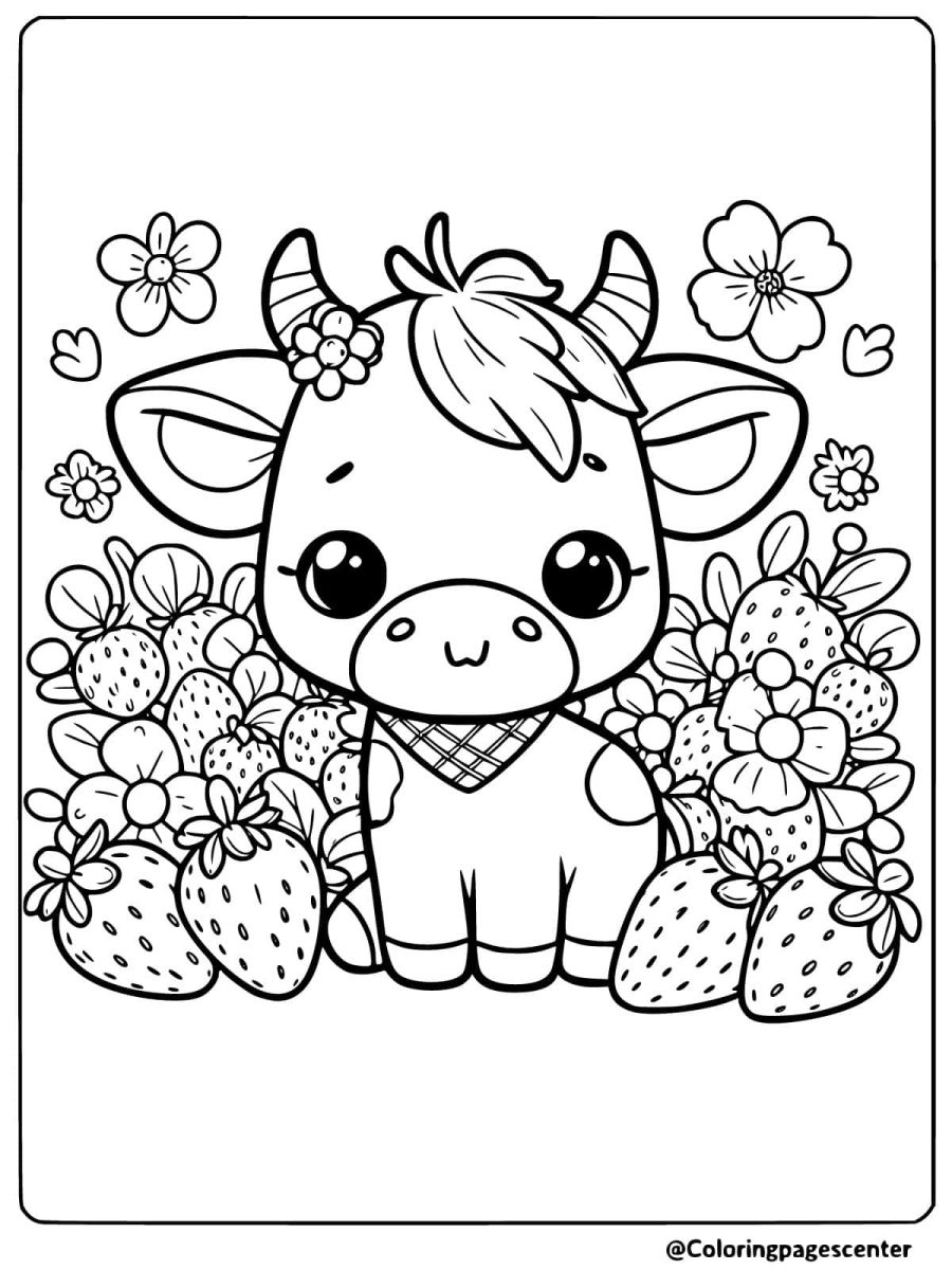 Cow with strawberry and flowers coloring page