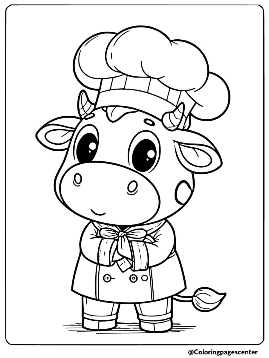 Cute cow dressed as a chef coloring page