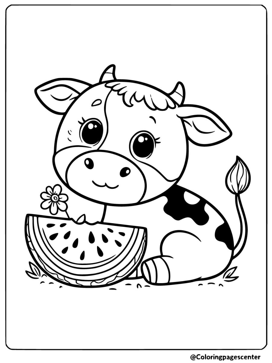 Cute cow holding a watermelon slice coloring page