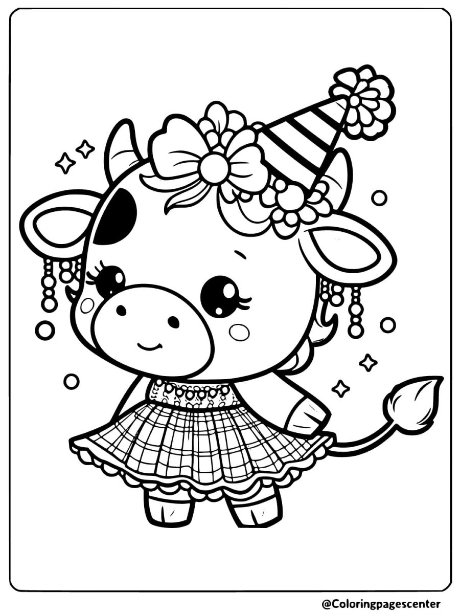 Cute cow with party hat and dress coloring page