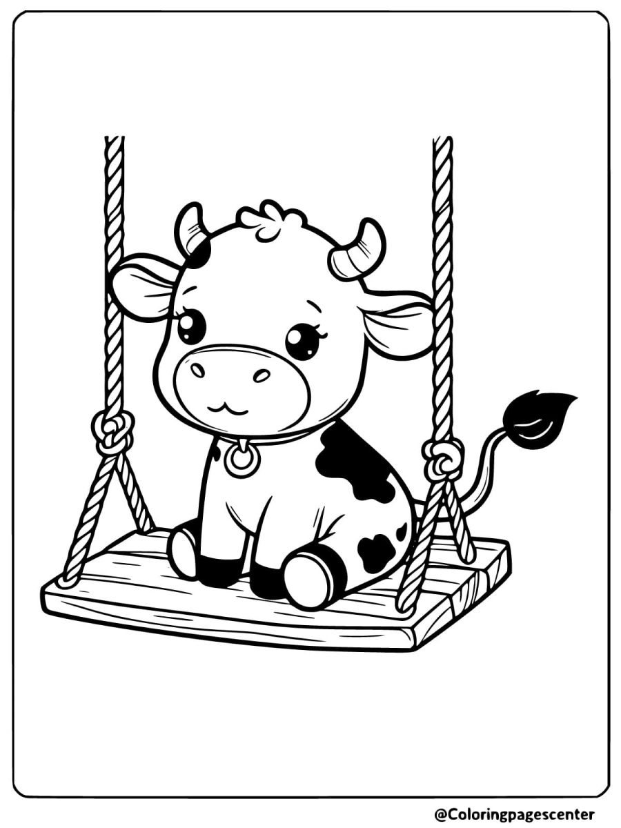 Cute cow sitting on a wooden swing coloring page