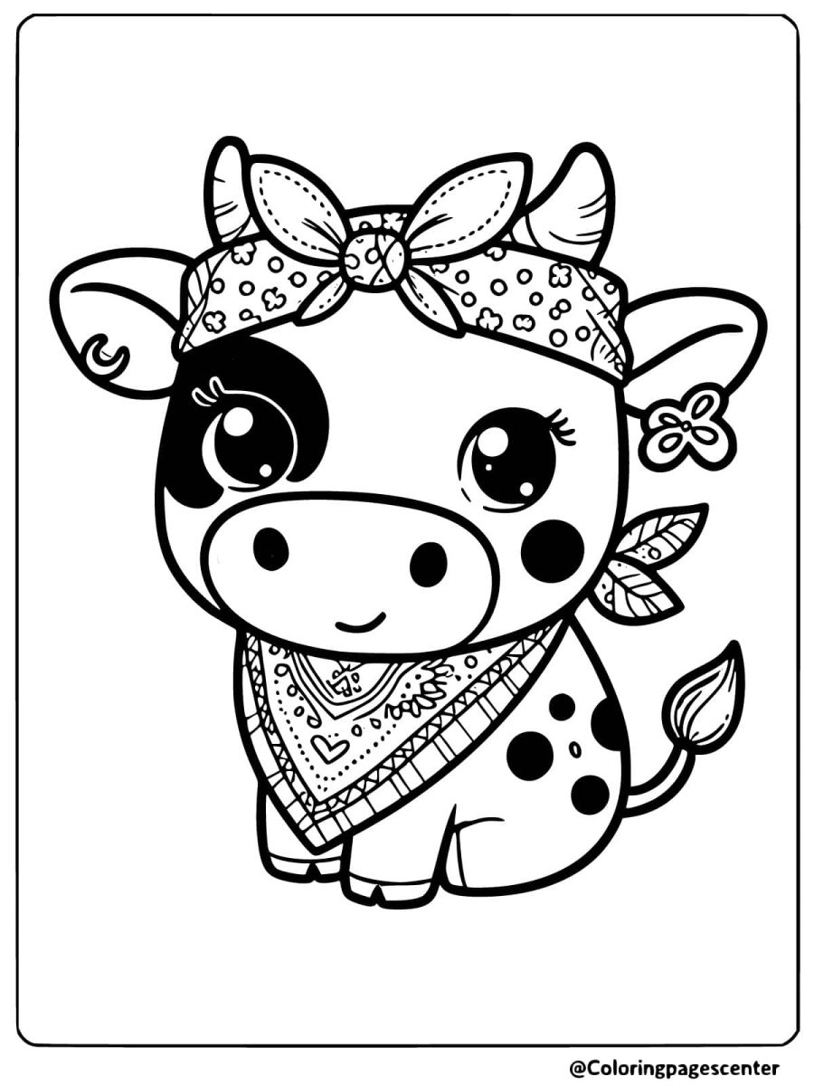 Cute cow wearing a polka dot bandana coloring page