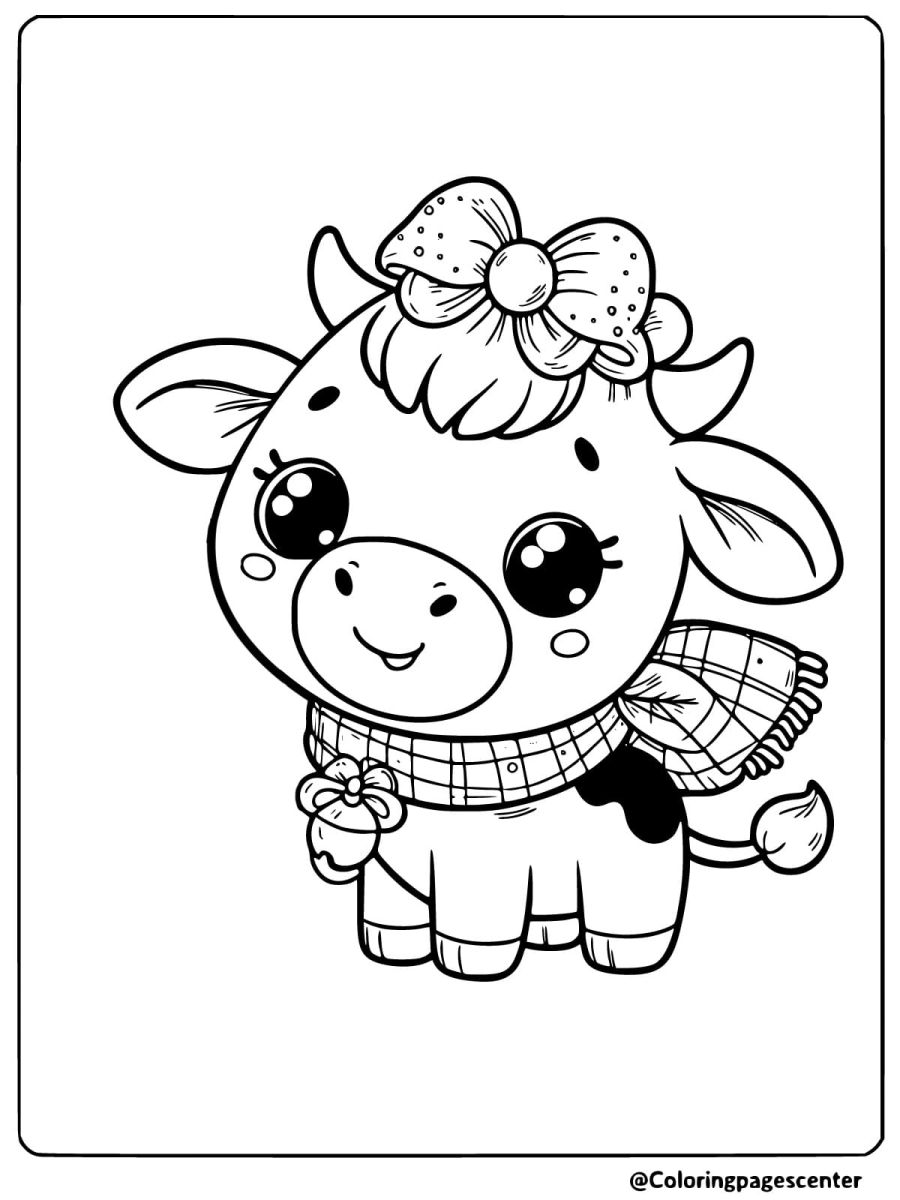 Cute cow with a bow and checked scarf coloring page