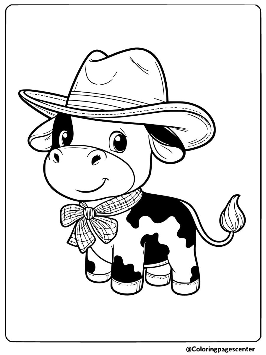 Cute cow wearing a big cowboy hat coloring page