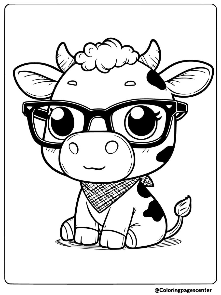 Cute cow wearing glasses and a plaid bandana coloring page