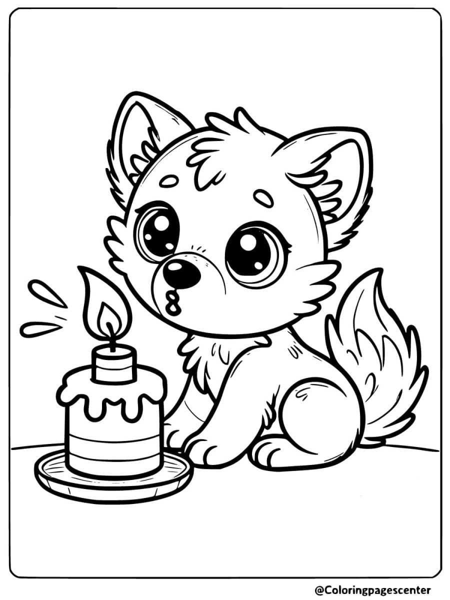 Coloring page of easy wolf celebrating with cake