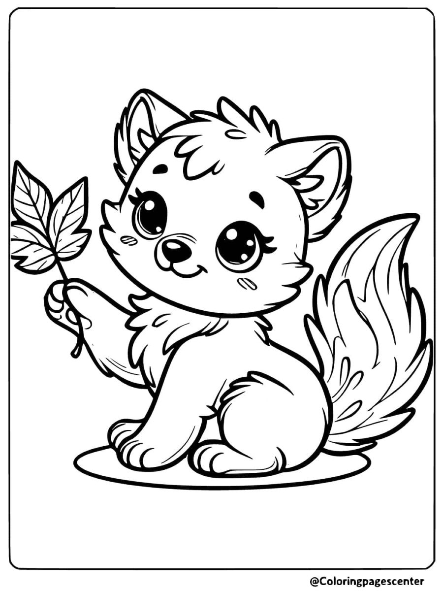 Easy wolf holding a leaf coloring page