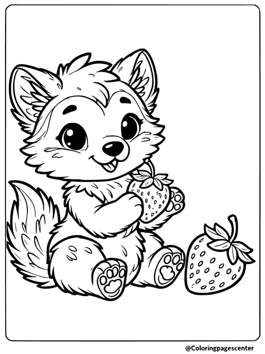 Coloring page with easy wolf holding strawberries