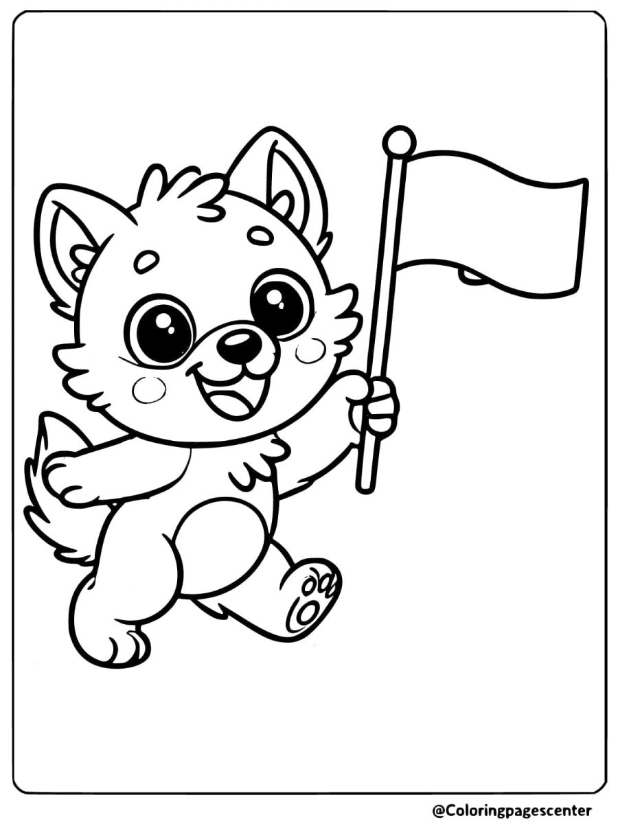 Coloring page featuring easy wolf with a flag