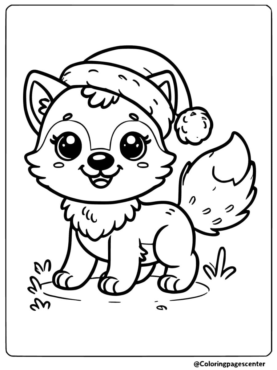 Coloring page of easy wolf wearing Santa hat