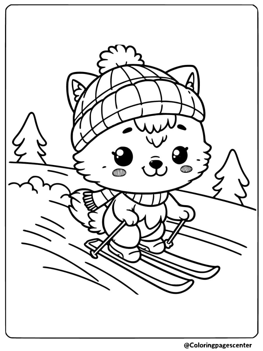 Coloring page of easy wolf skiing in snow