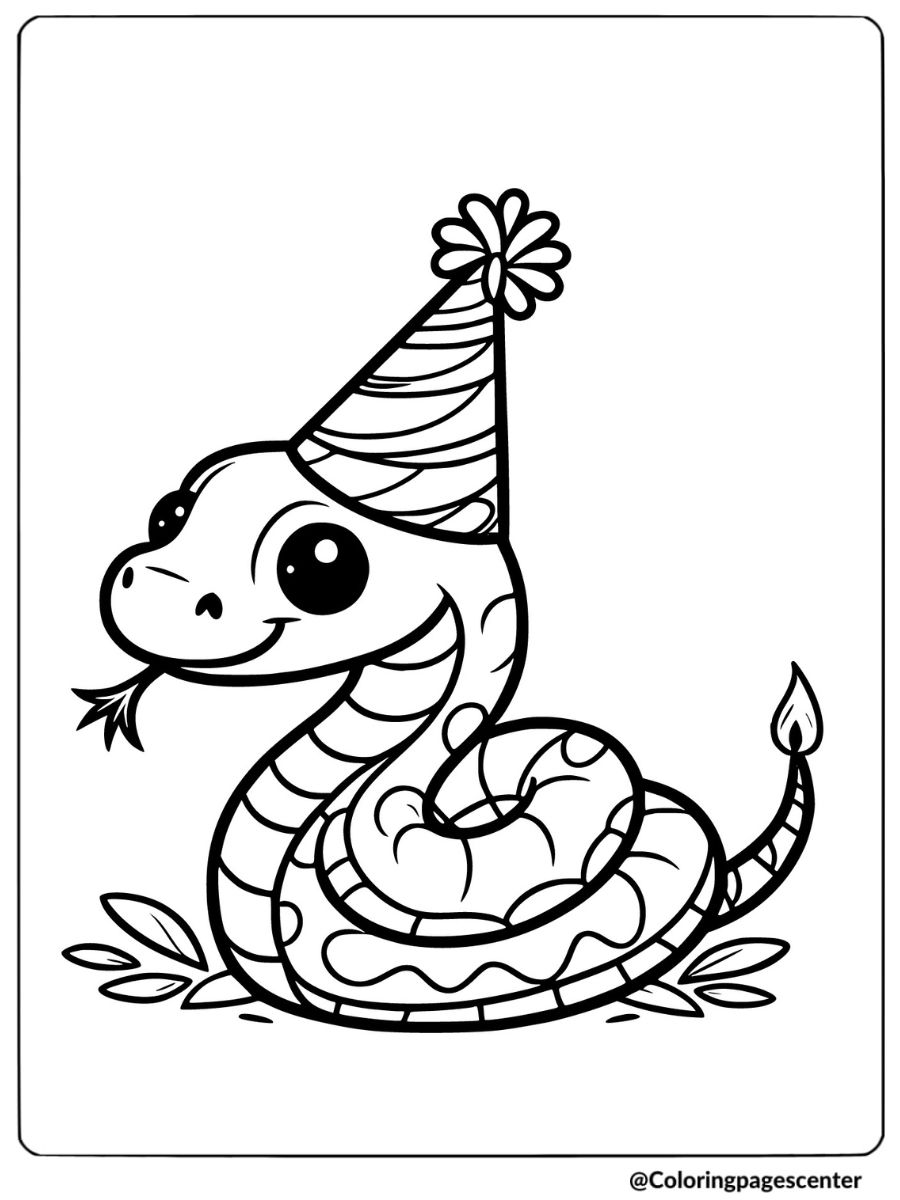 Coloring page featuring a cute snake wearing a party hat