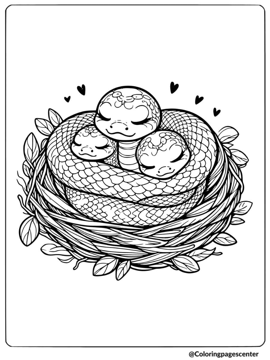 Coloring page of a cute snake with its babies cuddling