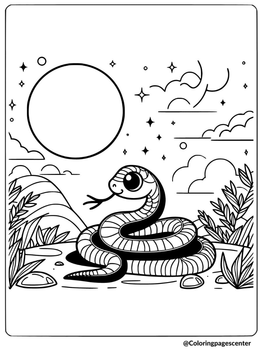 Coloring page of a cute snake watching the sunset