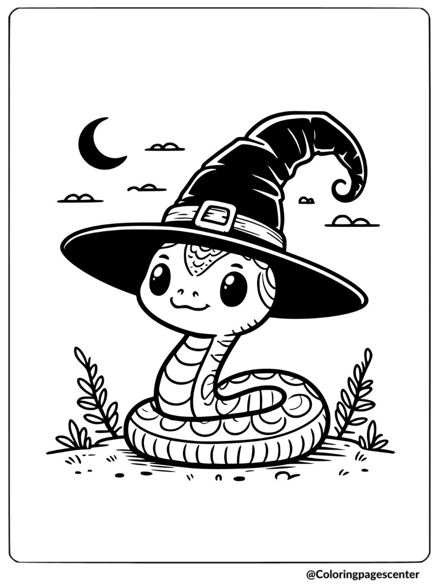 Coloring page of a cute snake with a witch hat