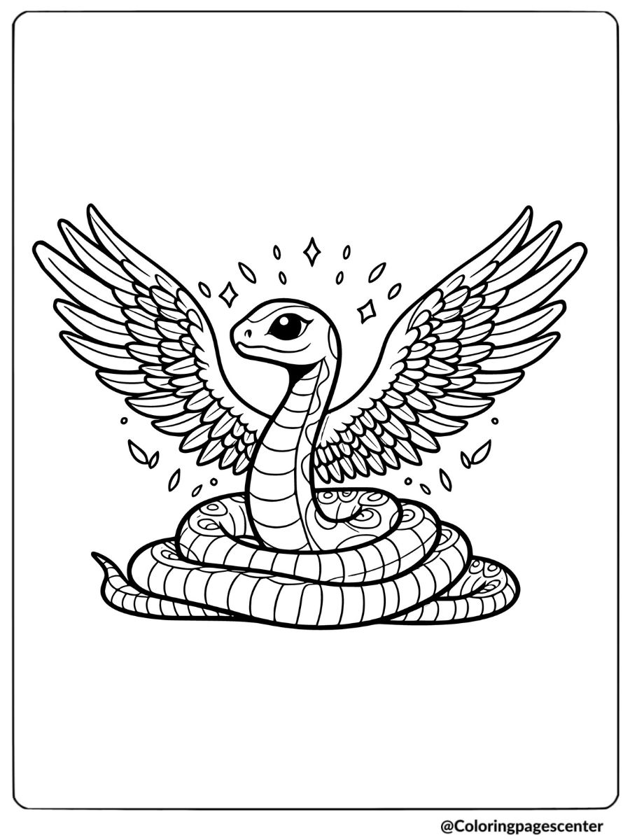 Coloring page featuring a cute snake with wings and stars