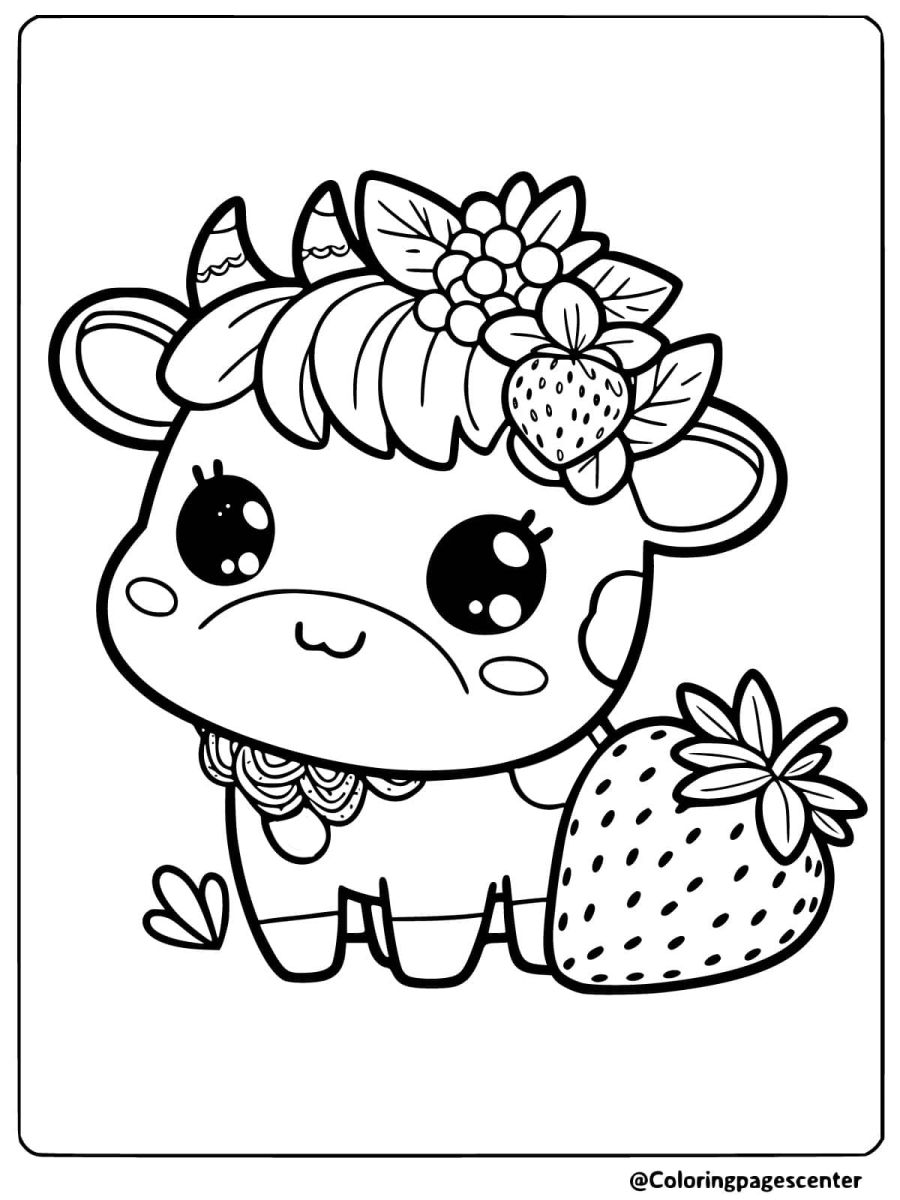 Cow next to a strawberry coloring page