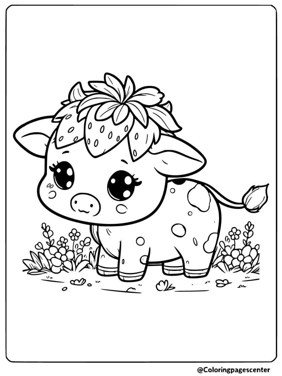 Strawberry cow and flowers coloring page