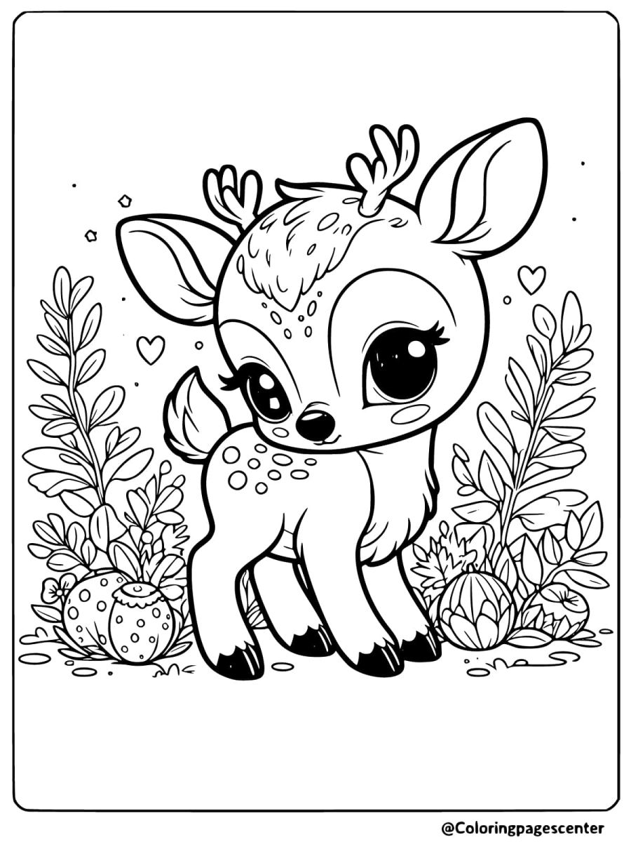 A baby deer surrounded by leaves in the forest coloring page