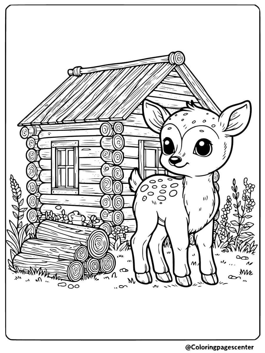 Baby deer beside a wooden cabin coloring page