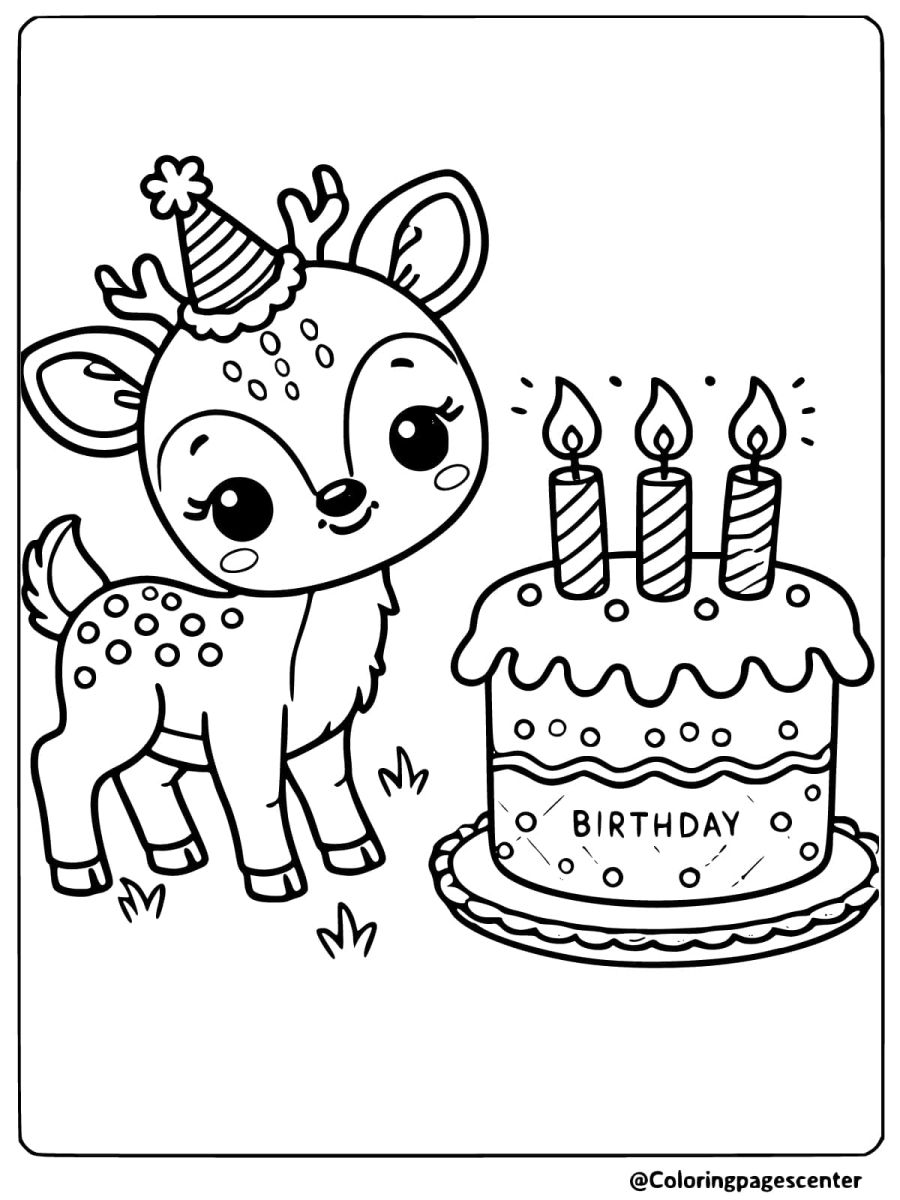 Happy baby deer with birthday cake coloring page