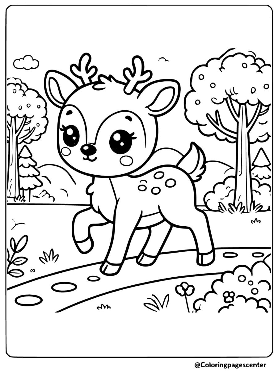 Playful baby deer walking through the forest coloring page