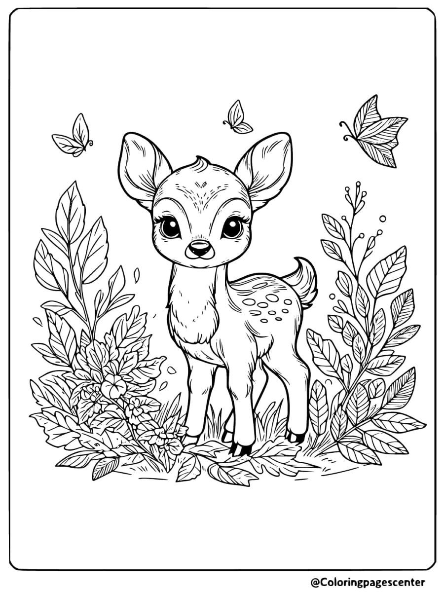 Adorable baby deer surrounded by butterflies coloring page