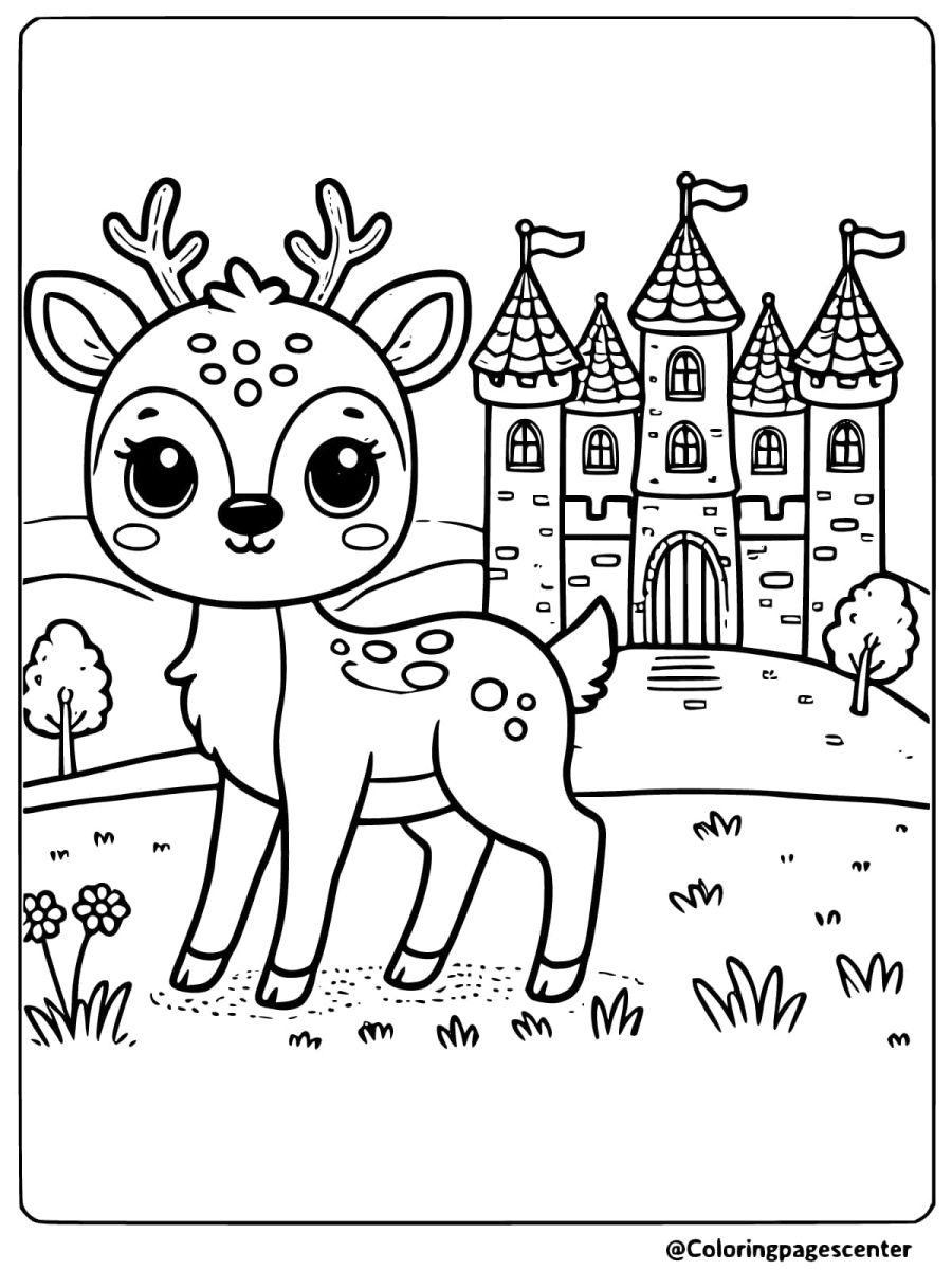 Baby deer near a castle coloring page