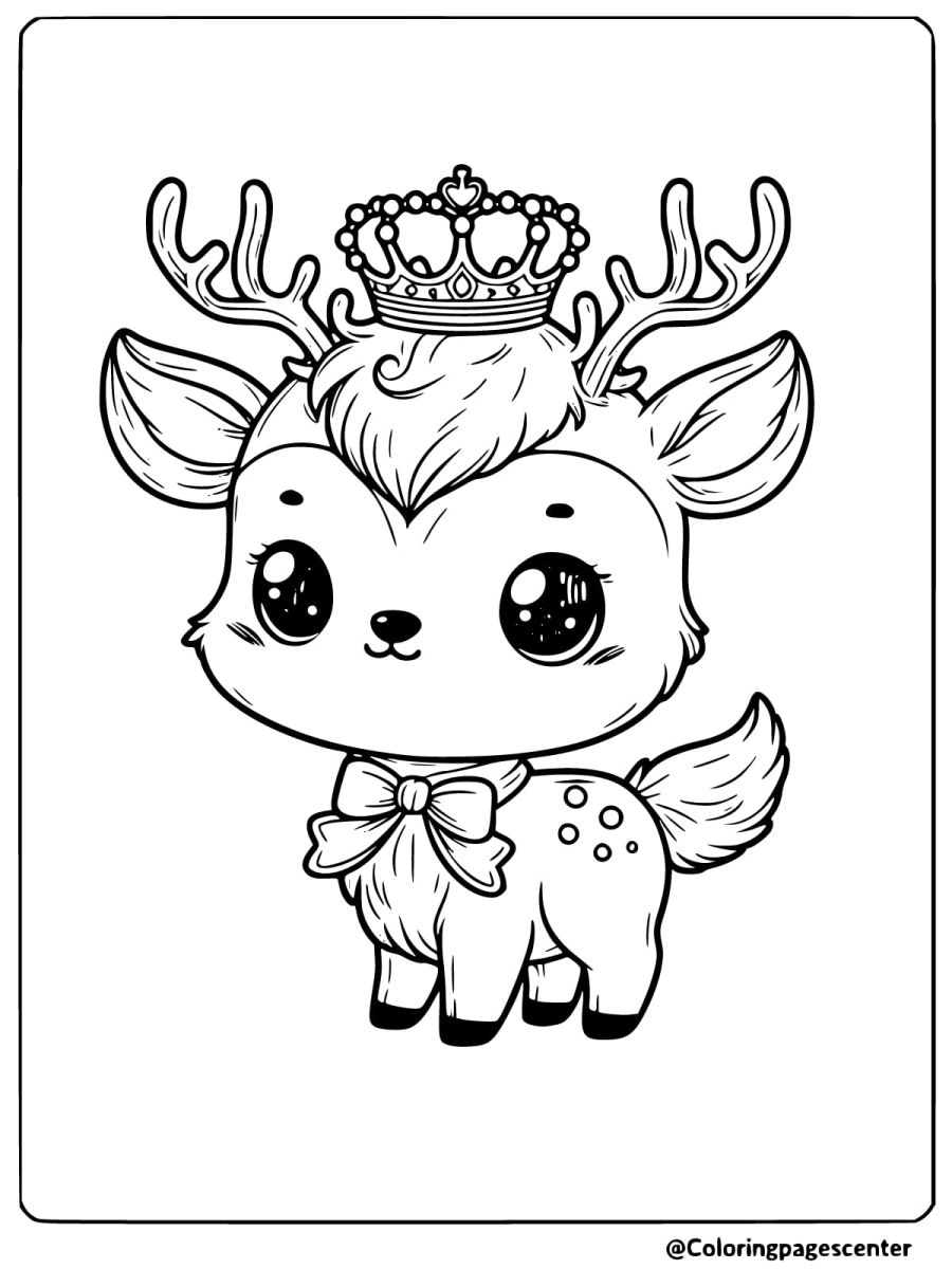 Cute baby deer wearing a crown and bow coloring page