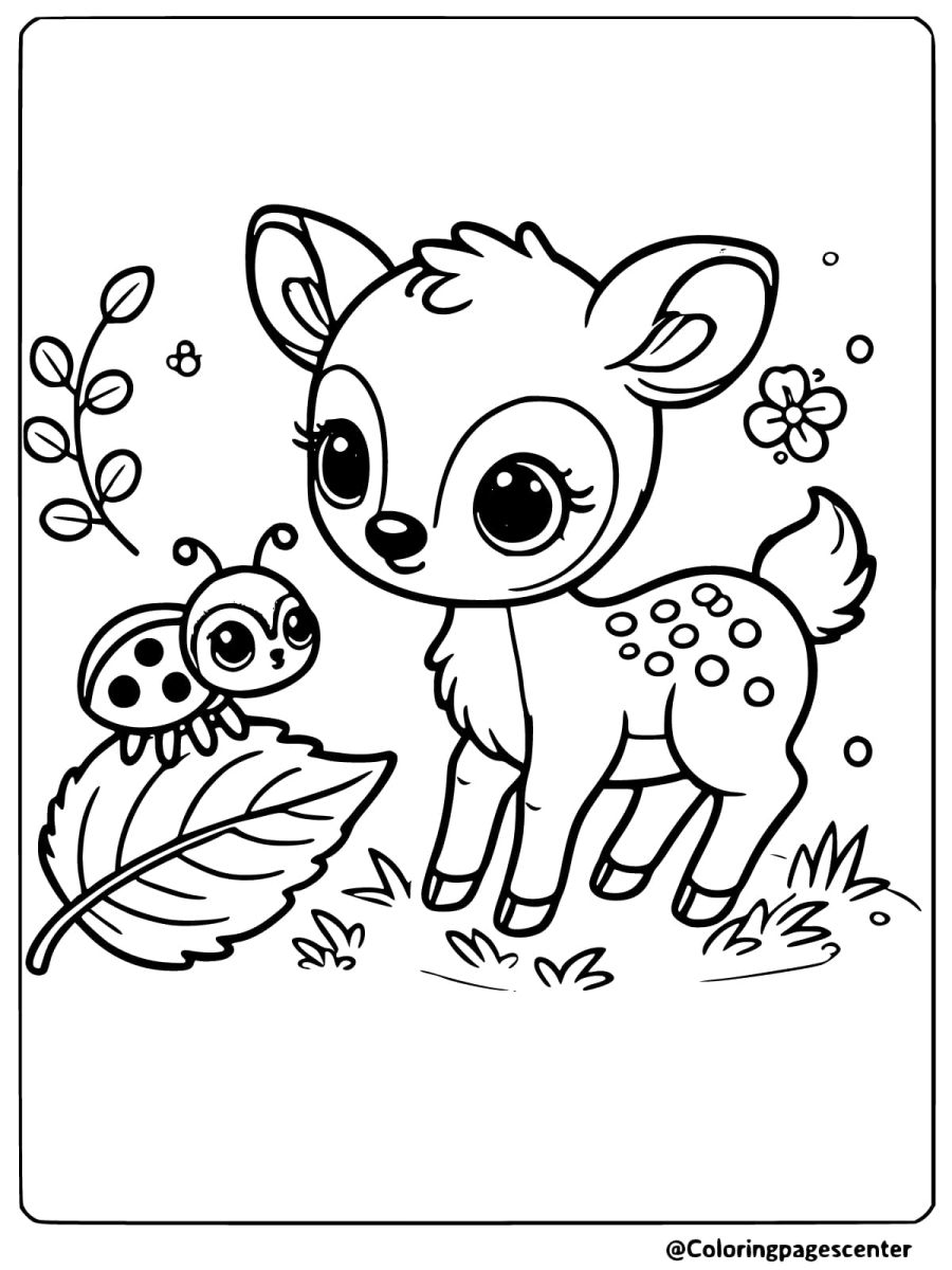 Baby deer meeting a ladybug coloring page