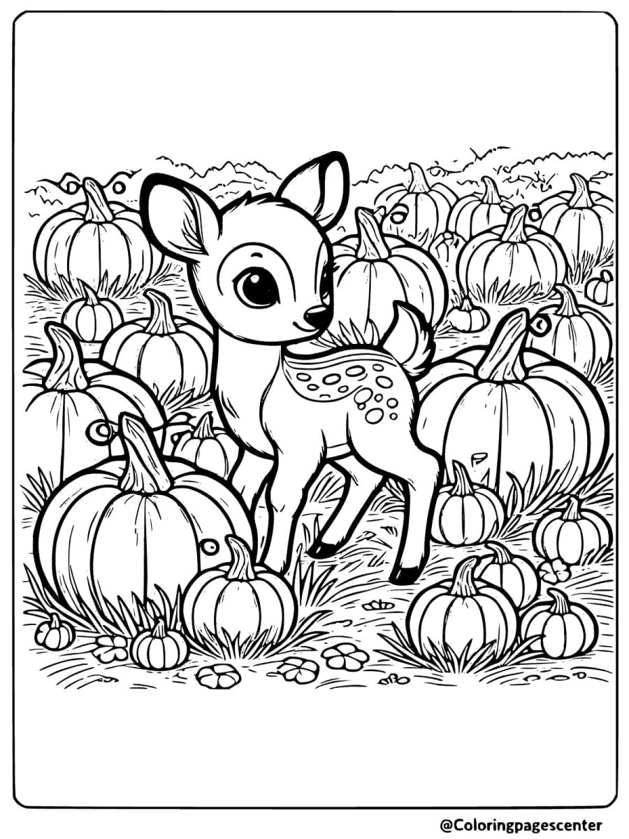 Baby deer exploring a pumpkin patch coloring page