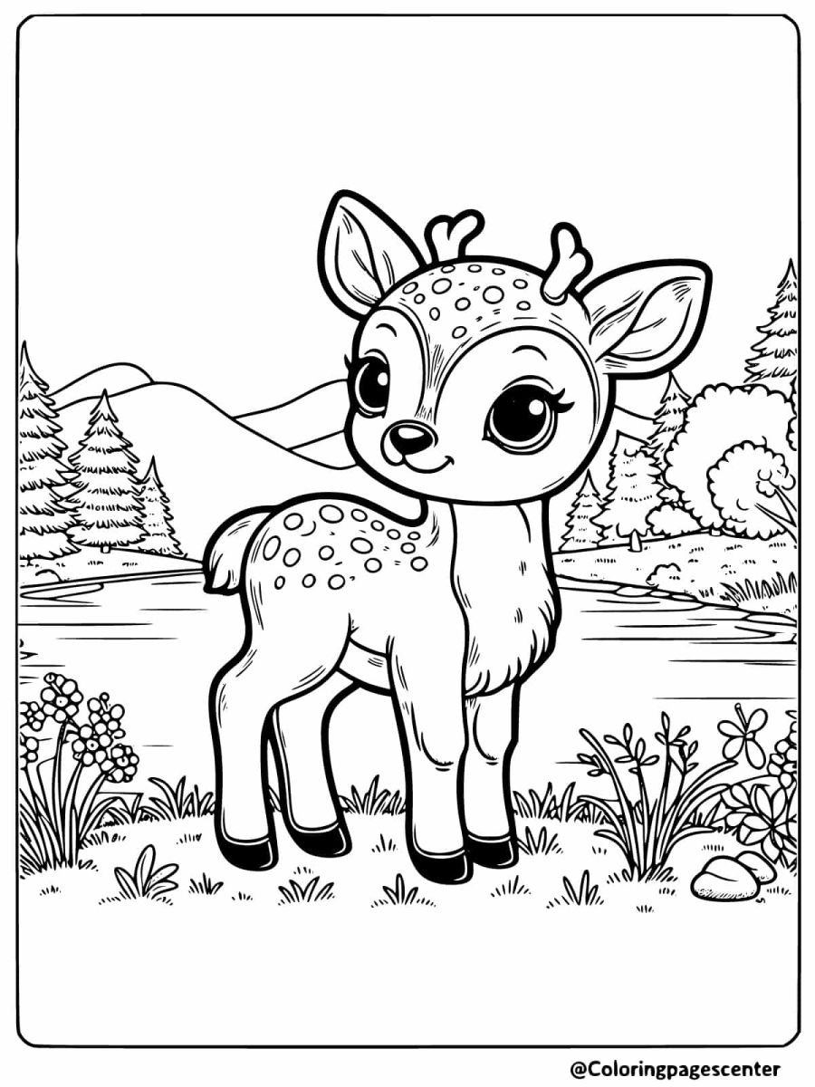 Adorable baby deer near a lake coloring page