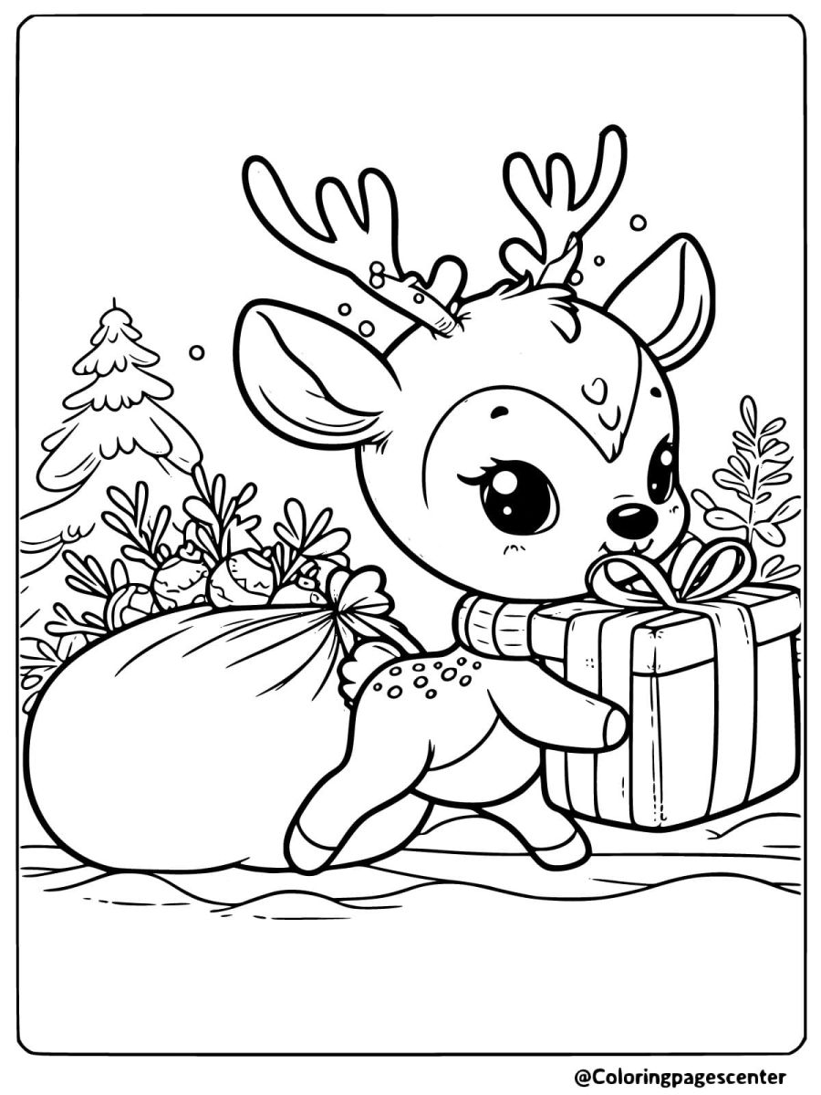 Coloring page of a christmas deer holding a gift with a sack of presents