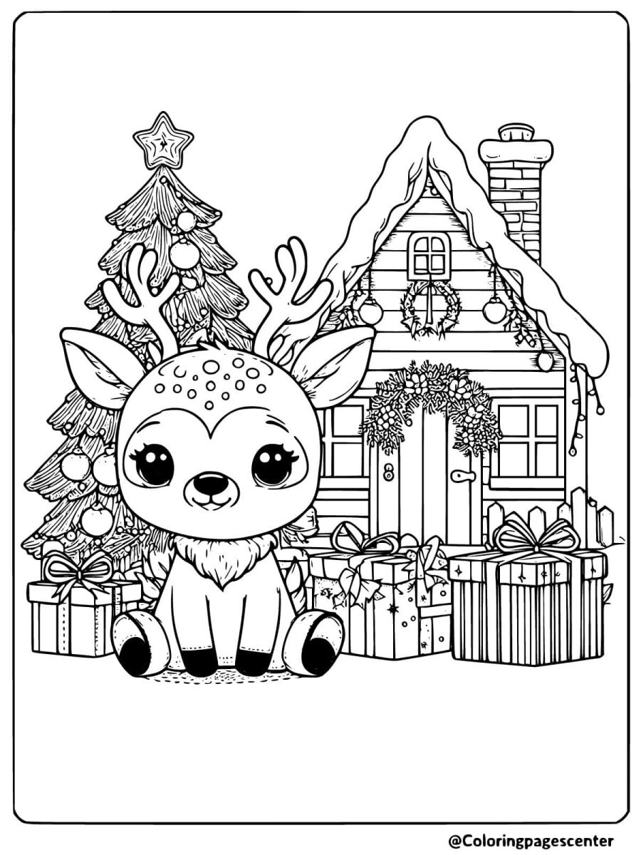 Coloring page of a christmas deer with gifts by a decorated cabin