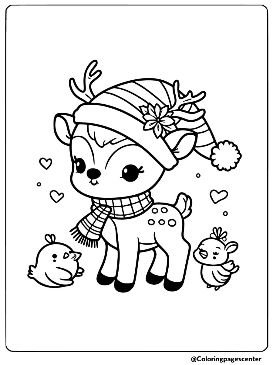 Coloring page of a christmas deer in a striped hat with small birds