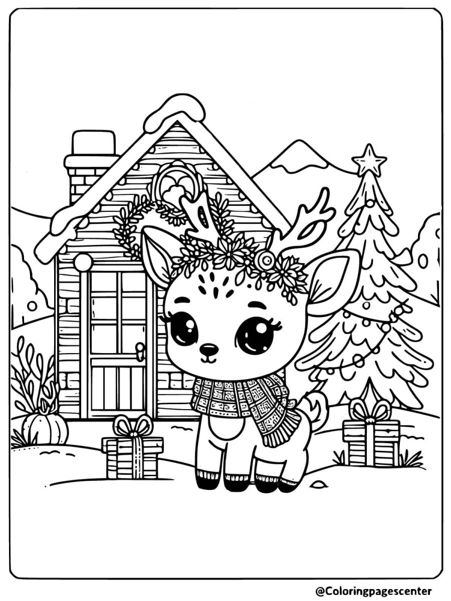 Coloring page of a christmas deer wearing a scarf near a snowy cabin