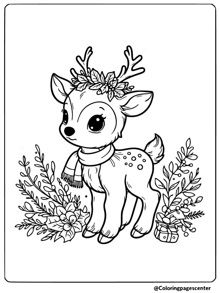 Coloring page of a christmas deer with a scarf surrounded by flowers