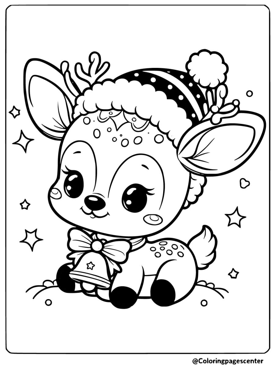 Coloring page of a christmas deer wearing a santa hat with a big bow