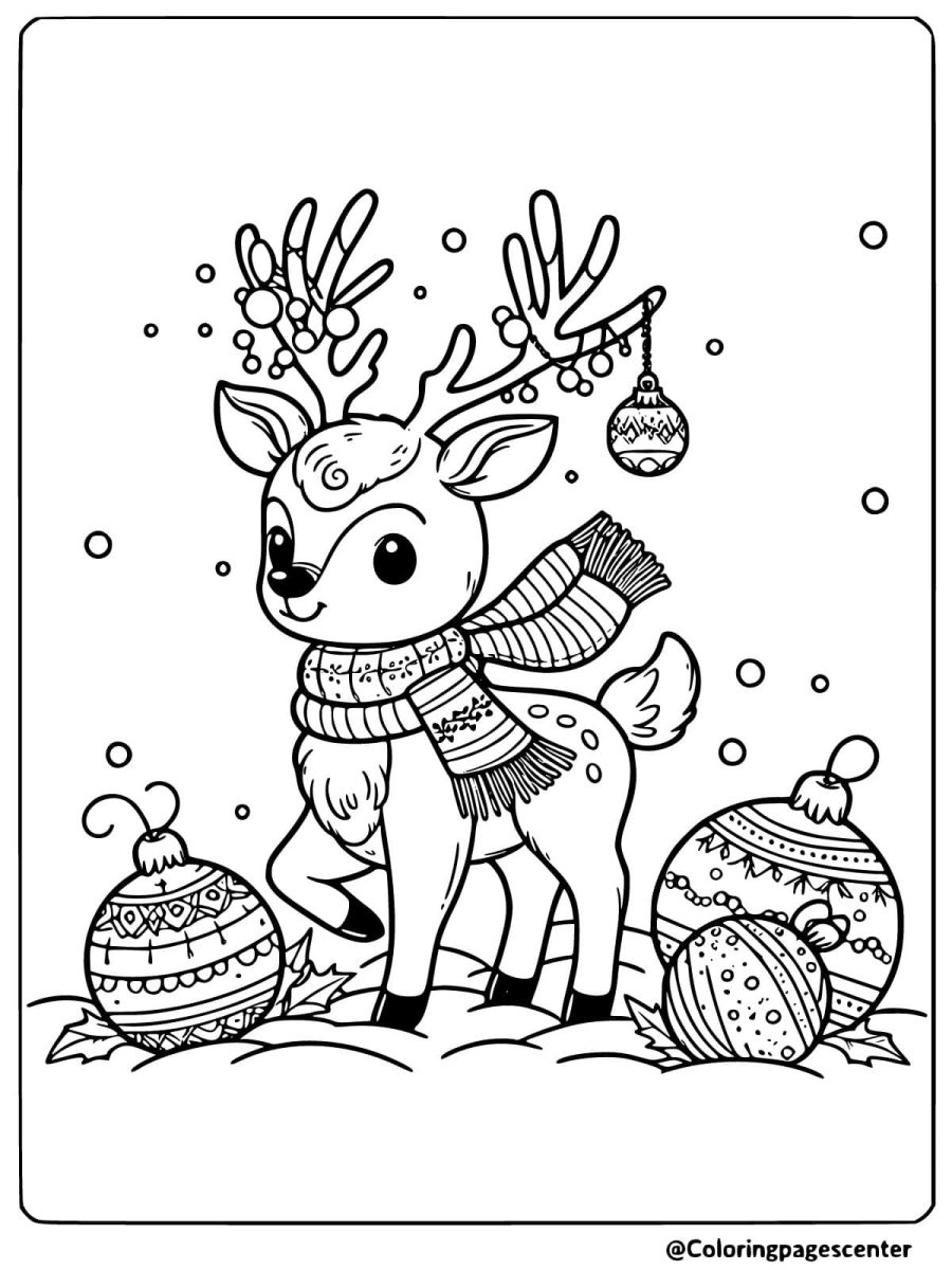 Coloring page of a christmas deer with ornaments standing in snow