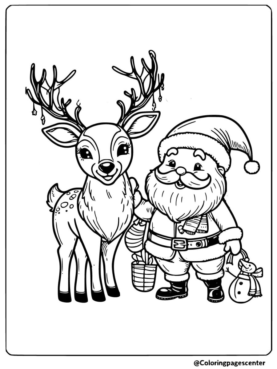 Coloring page of santa claus standing next to a christmas deer