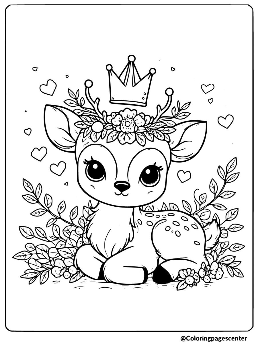 Adorable deer wearing a crown of flowers coloring page