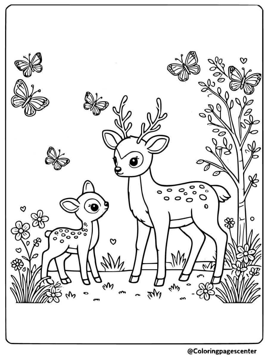 Deer and fawn surrounded by butterflies coloring page