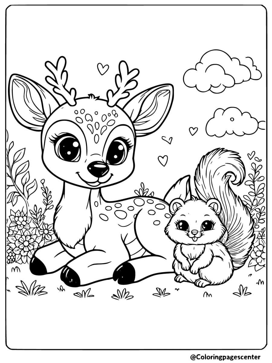 Playful deer with a squirrel friend coloring page