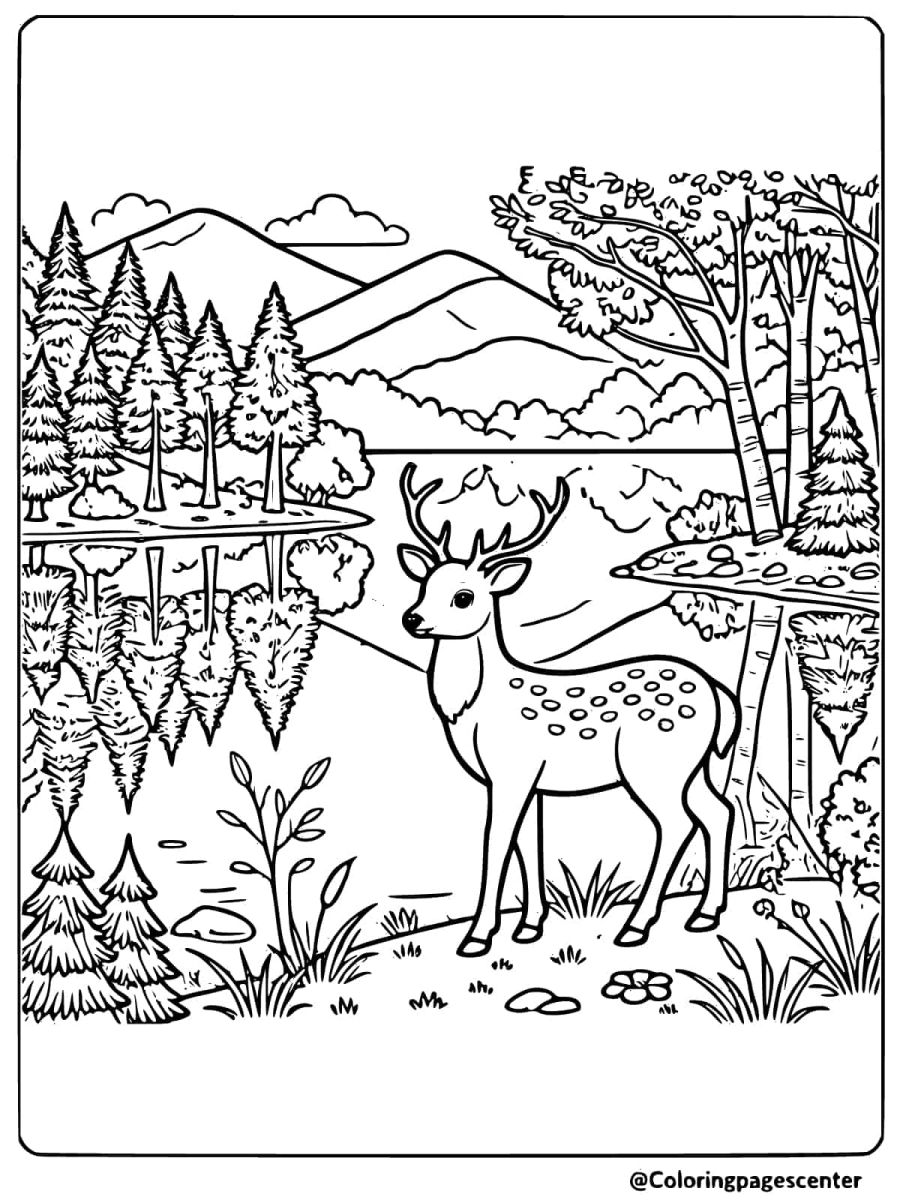 Deer by a serene reflective lake coloring page