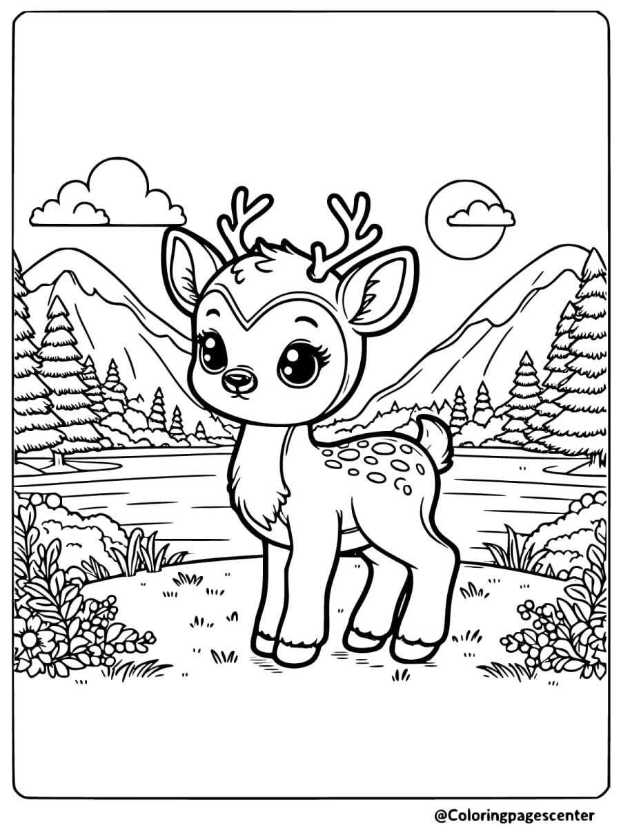 A deer standing by a serene lakeside coloring page