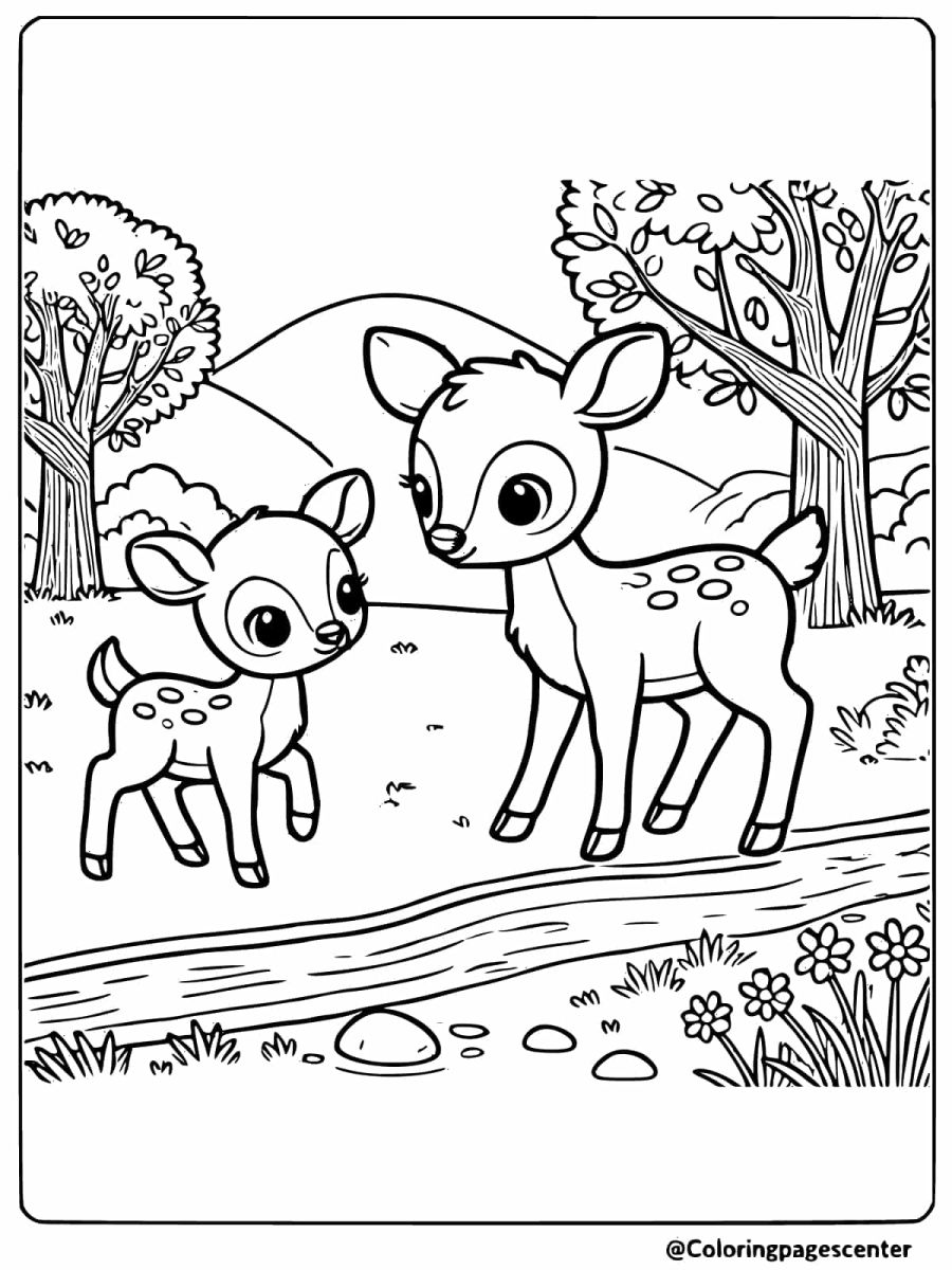 Deer family gathered by a stream coloring page