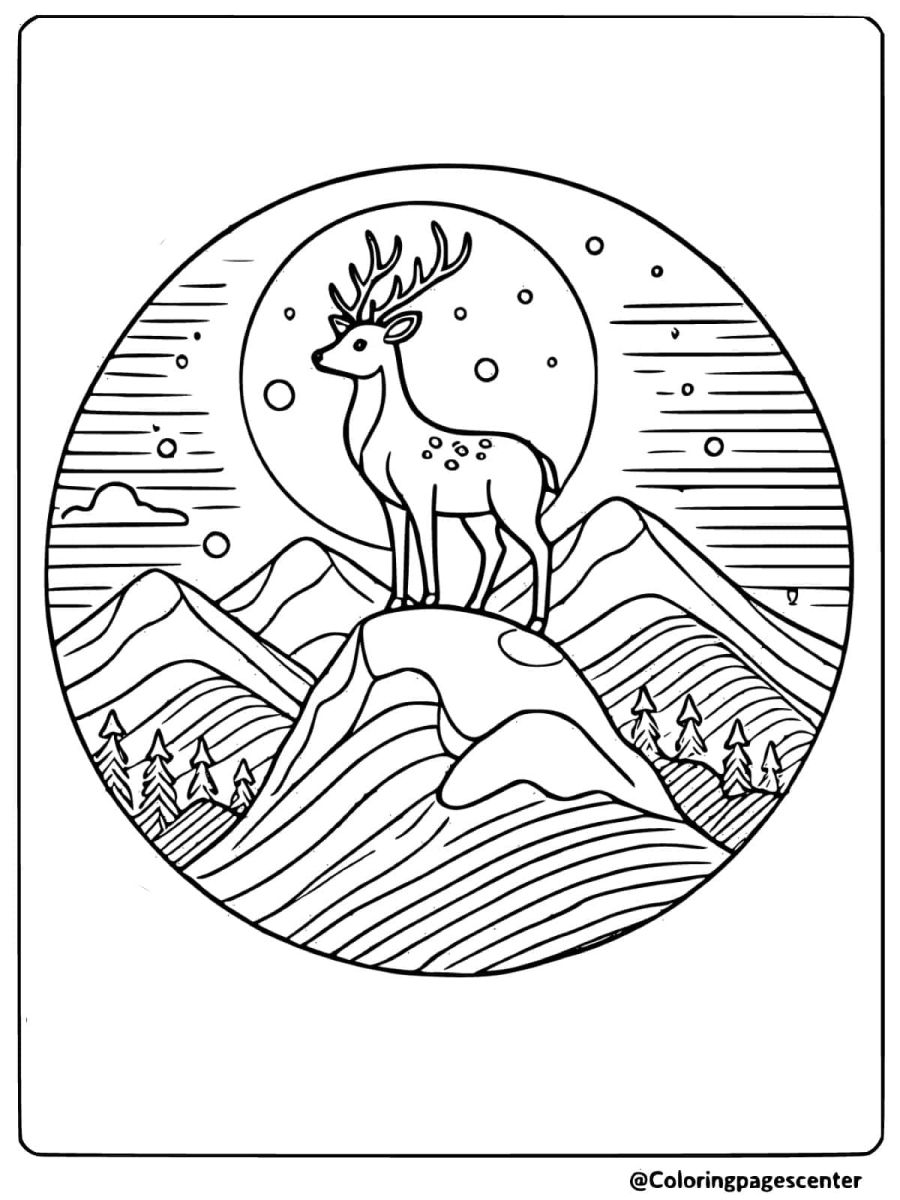 Deer standing on a mountain top at night coloring page