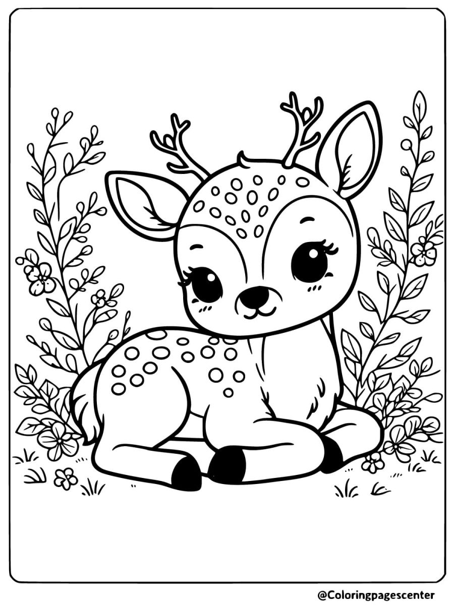 Deer peacefully resting in flowers coloring page