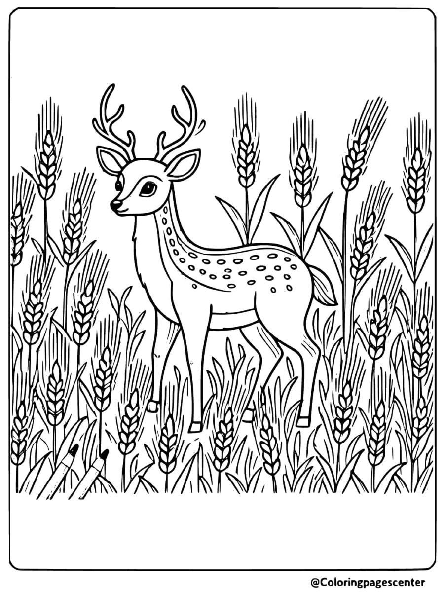 Deer standing tall in a wheat field coloring page